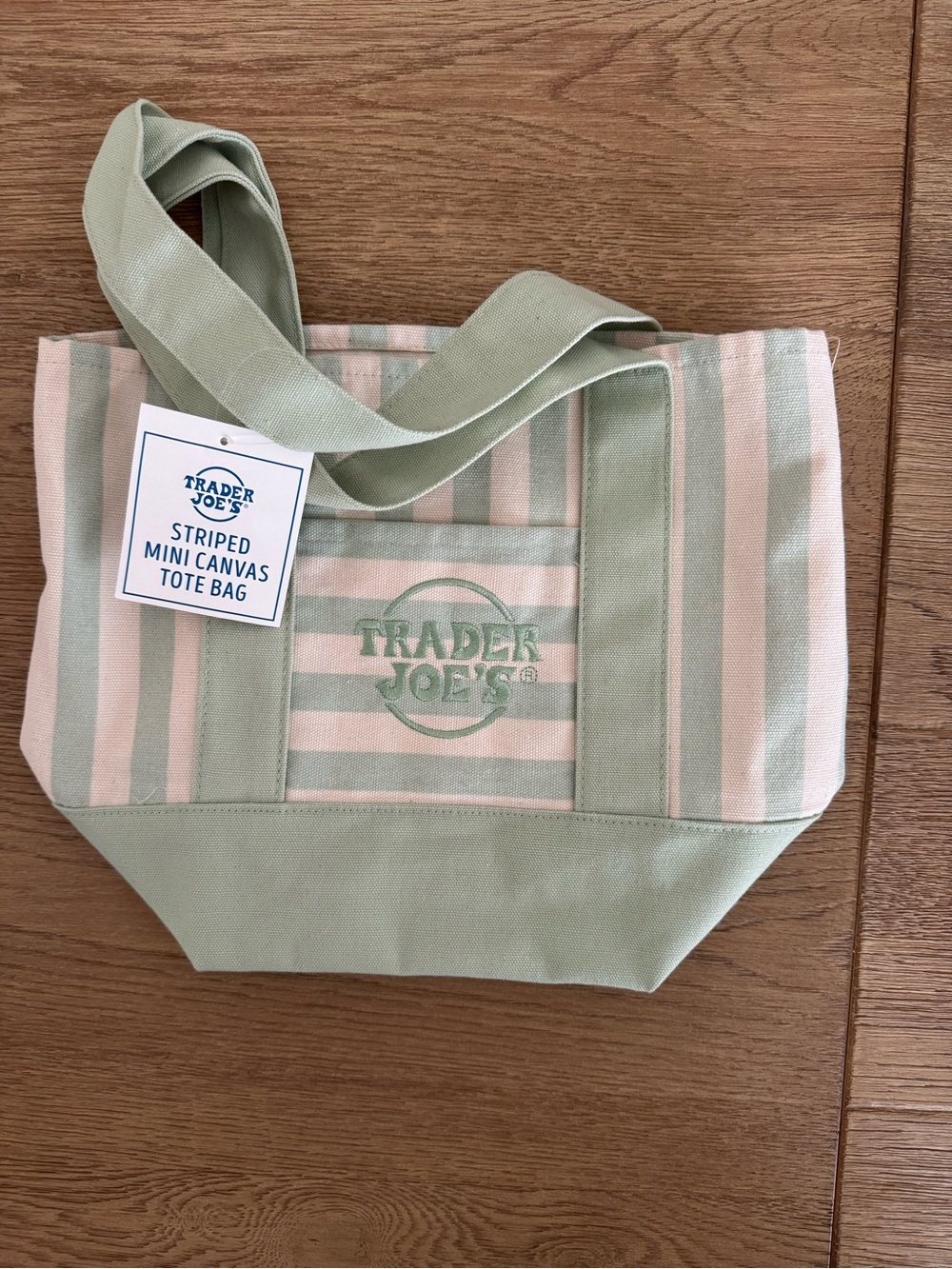 BNWT Trader Joe's Striped Mini Canvas Tote - sage green